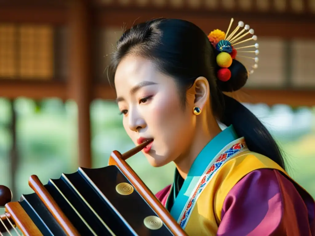 Un músico coreano toca el piri con intensidad, mostrando la rica tradición cultural y la artesanía detallada del instrumento