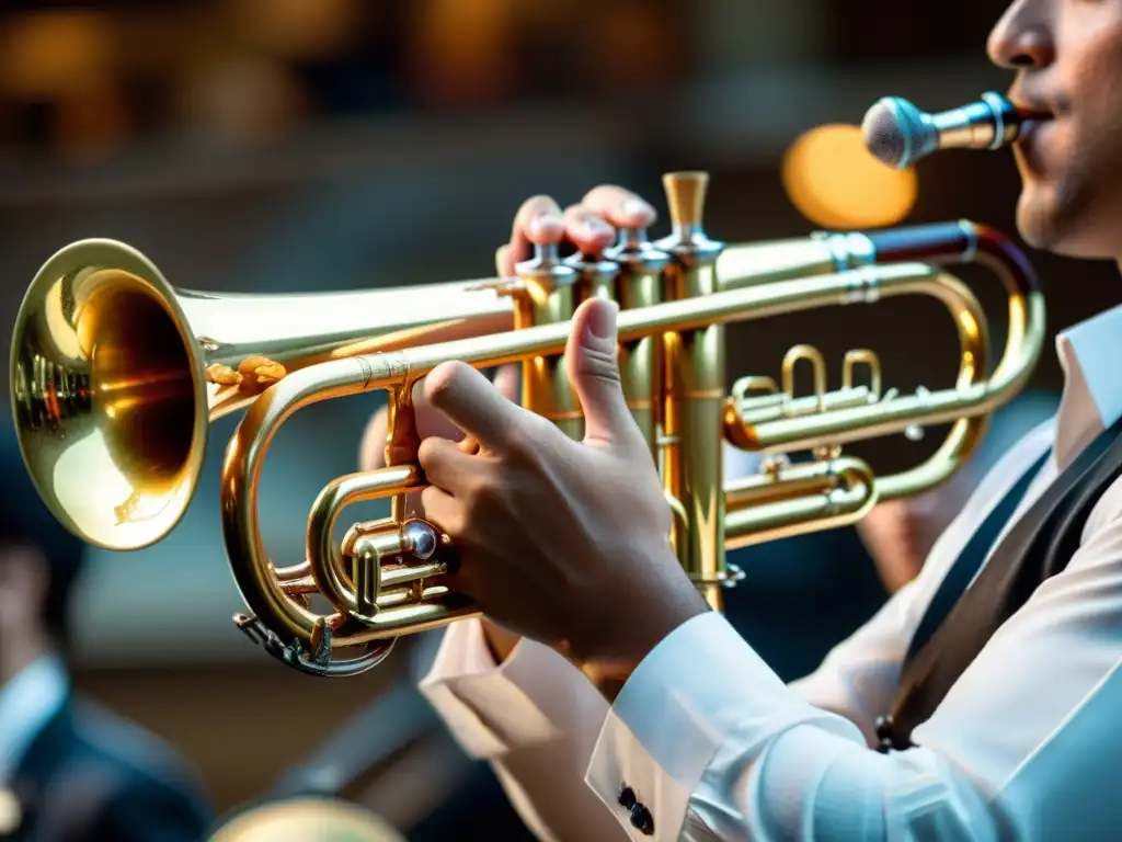 Un músico toca la corneta en una banda, mostrando técnicas específicas de corneta en banda con pasión y precisión