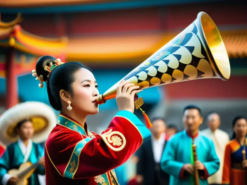 Un músico toca una corneta china en una celebración cultural, mostrando la historia y relevancia cultural de la corneta china