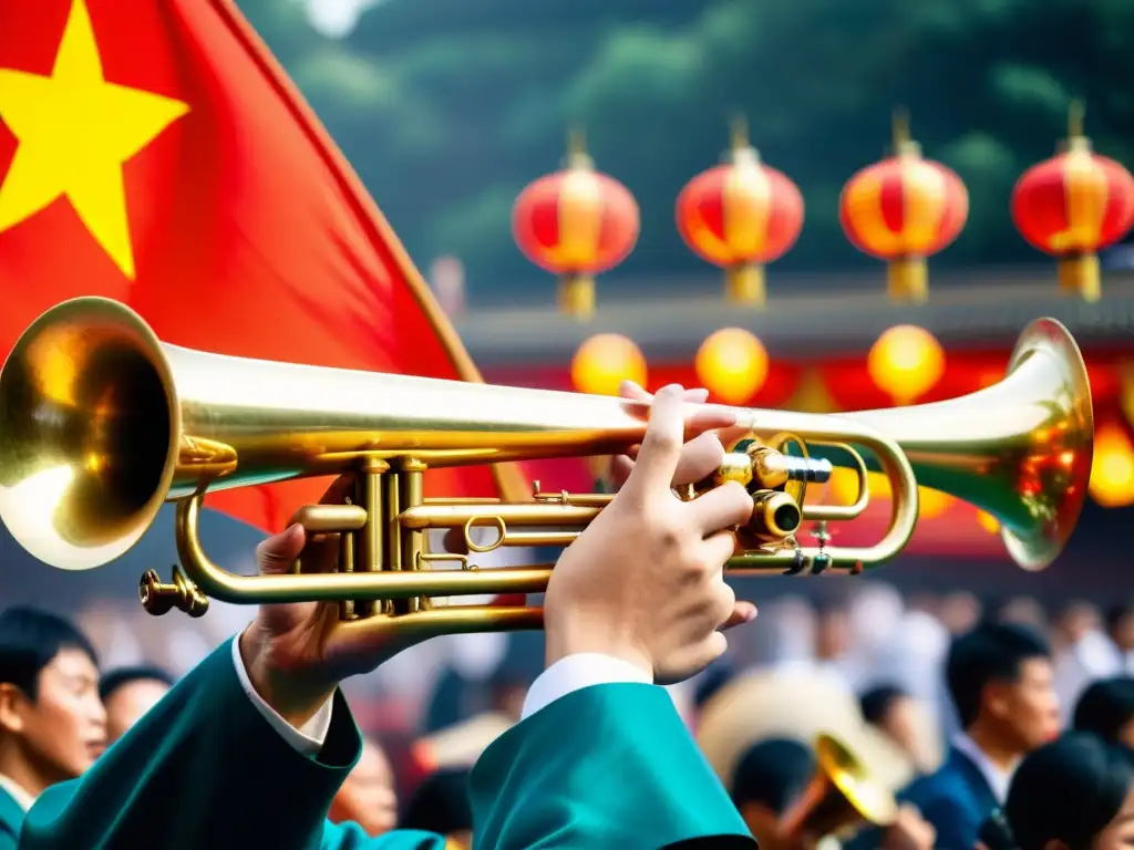 Un músico toca una corneta china durante un festival cultural, resaltando la historia y relevancia cultural de la corneta china en eventos modernos