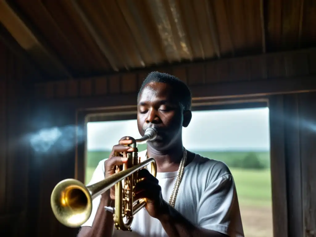 Un músico toca una corneta en un escenario tenue, con un paisaje del Delta del Mississippi de fondo