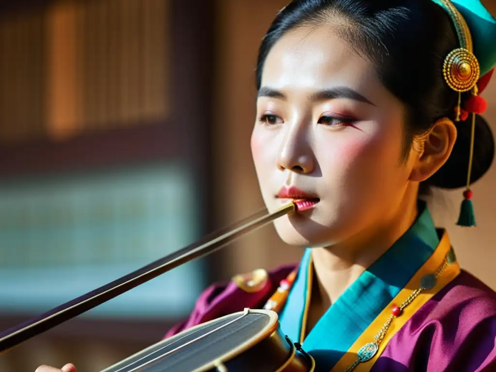 Un músico de la corte coreana toca con intensidad su ajaeng, envuelto en ropas coloridas y detalladas