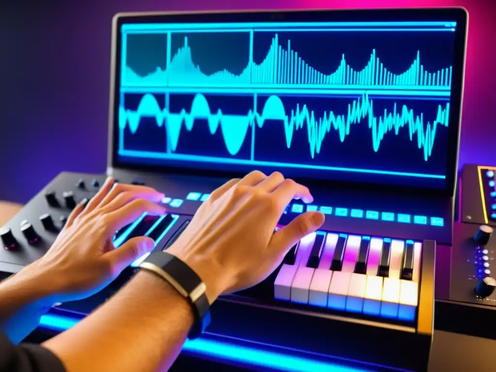 Un músico concentra su creatividad en el simulador de instrumentos musicales virtuales, manipulando controles con intensa pasión