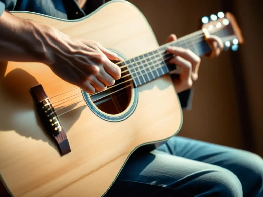 Un músico toca las cuerdas de guitarra biodegradables, mostrando la conexión con el instrumento y la conciencia ambiental