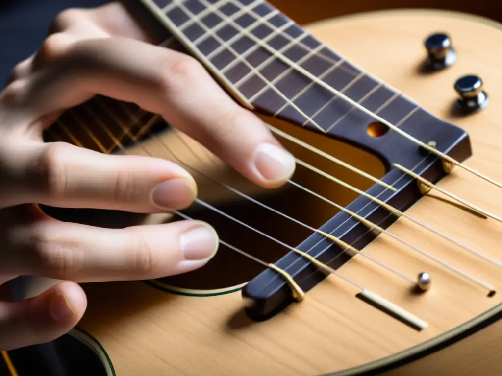 Un músico hábil coloca con cuidado cuerdas de guitarra biodegradables en su instrumento en un ambiente íntimo y tenue