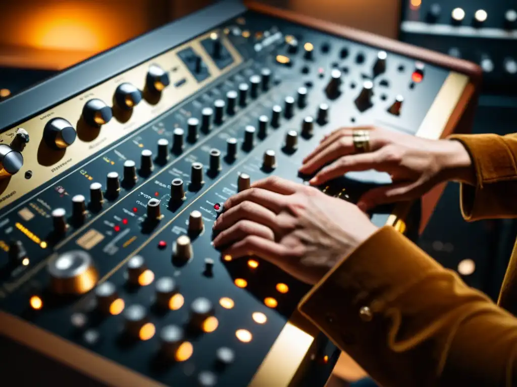 Un músico ajusta con cuidado una máquina de ritmos vintage en un estudio de grabación, creando sonidos únicos de música electrónica