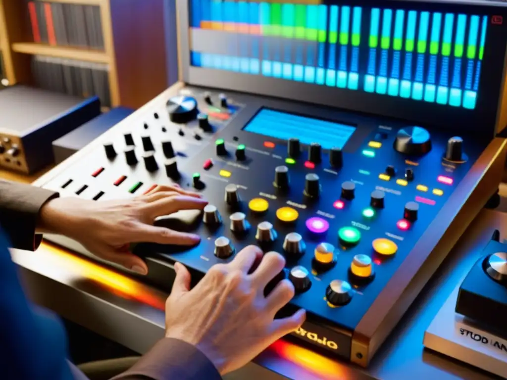 Un músico sampleando culturas, con expresión concentrada, manipulando un sampler digital entre botones y perillas iluminados