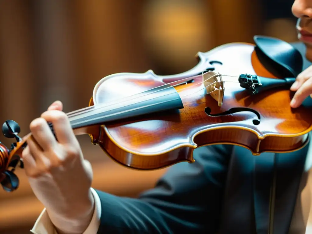 Un músico toca un violín Stradivarius, destacando sus curvas y sonido único