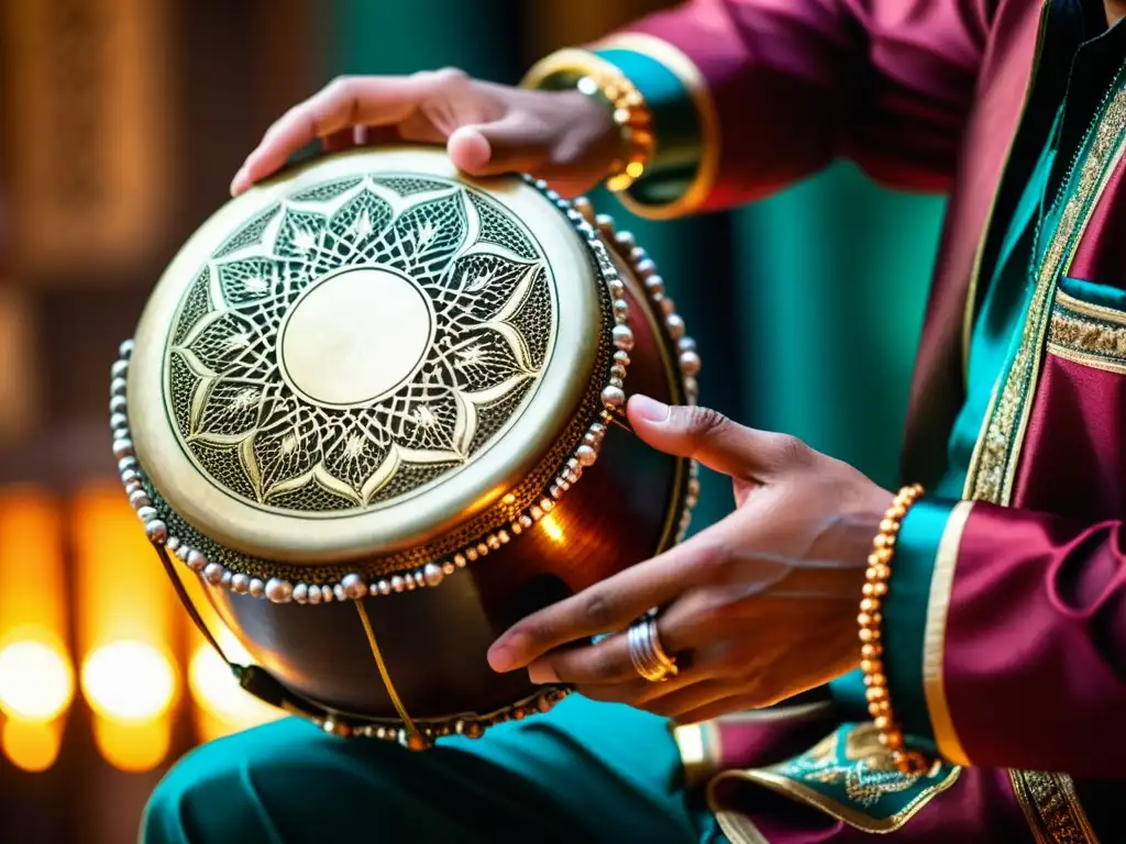 Un músico hábil toca la darbuka, resaltando la influencia global del darbuka con movimientos y ritmos intrincados