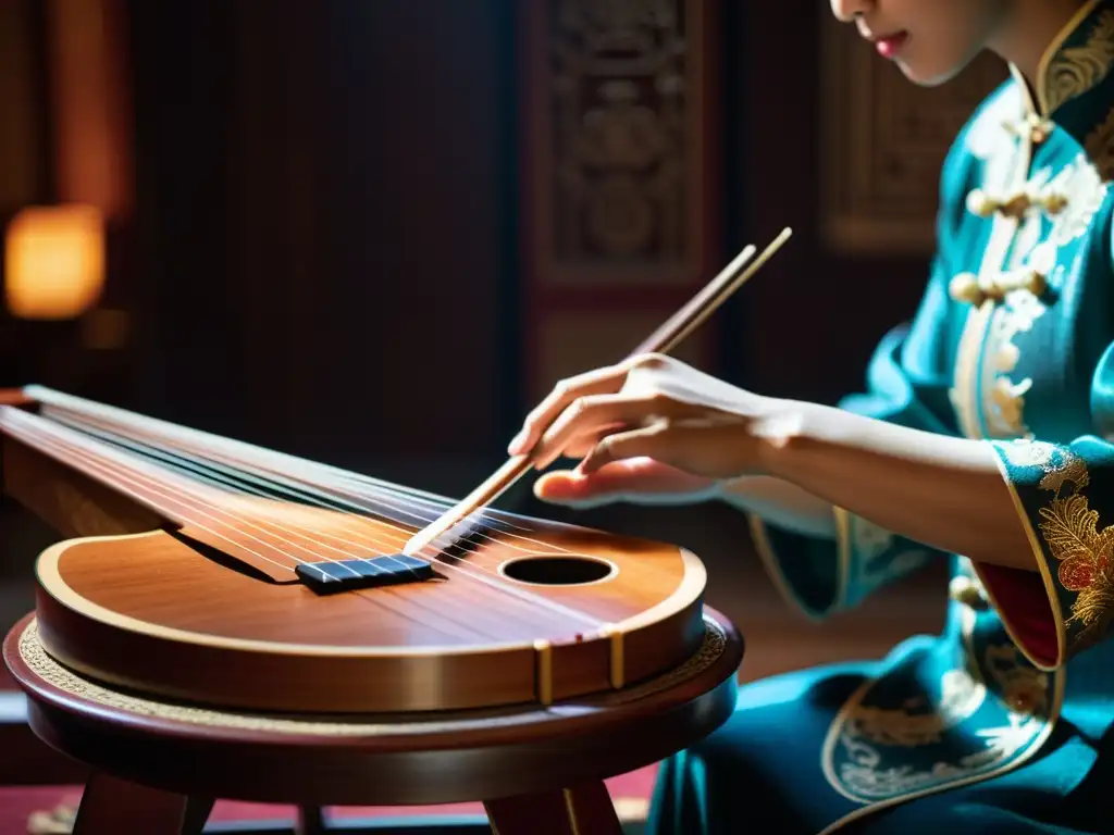 Un músico toca con delicadeza un guzheng en una habitación ornamentada y tenue, mostrando la historia y sonido del guzheng