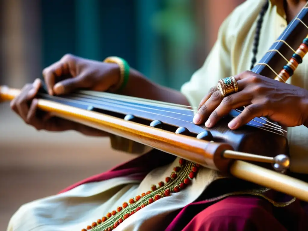 Un músico hábil toca con delicadeza un sarangi nepalí en una imagen de alta resolución