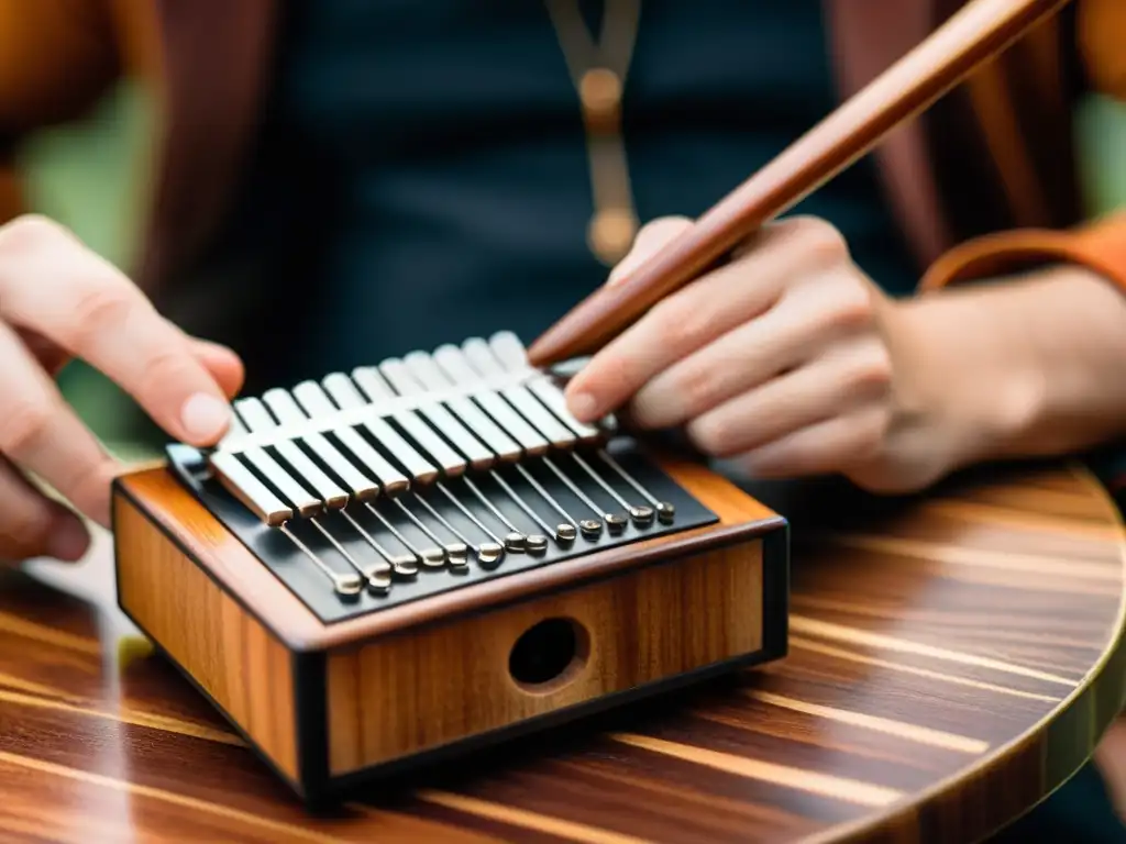 Un músico toca con delicadeza las tinas de metal de una kalimba, resaltando los detalles del instrumento y su expresión concentrada