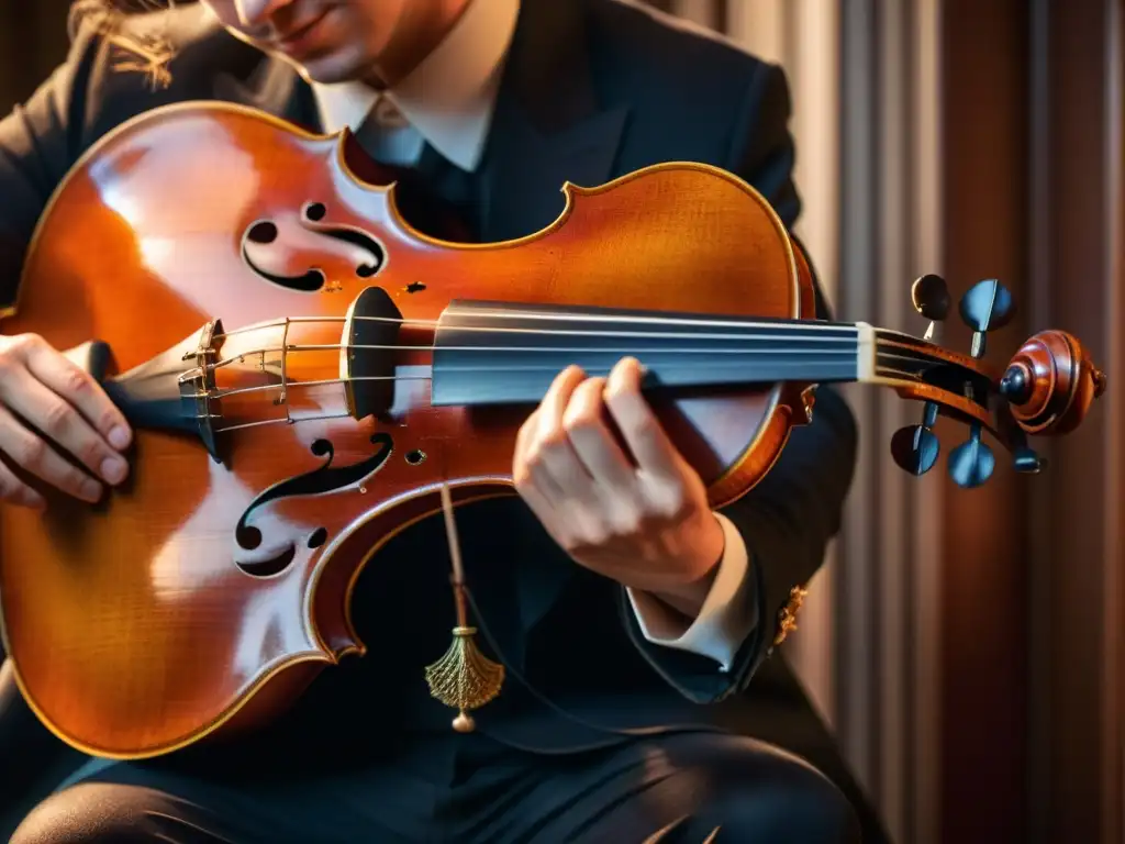 Un músico toca con delicadeza una Viola da gamba en una cámara ornamentada