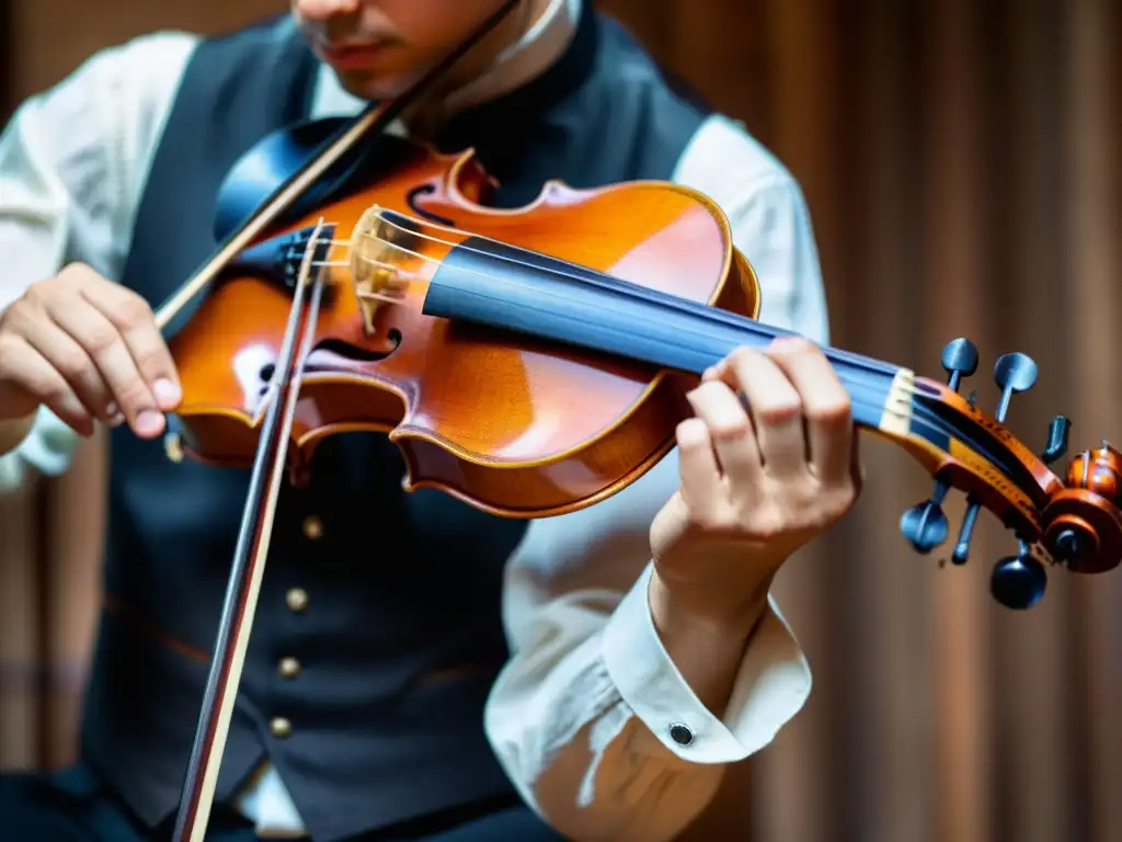 Un músico hábil sostiene con delicadeza un violín artesanal, transmitiendo emoción y dedicación