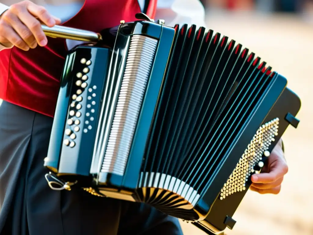 Un músico toca con destreza un acordeón tradicional italiano, mostrando la pasión de la tarantela