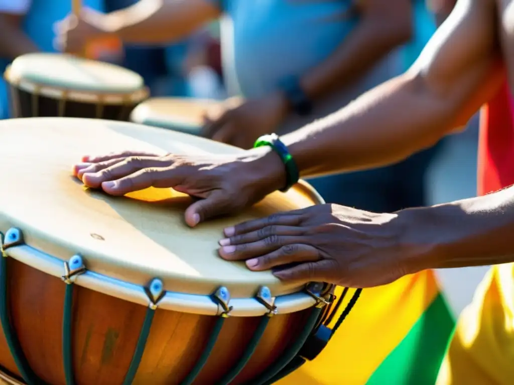 Un músico toca con destreza el tantan en una animada presentación de samba reggae en Salvador, Brasil, destacando el origen y sonido del tantan