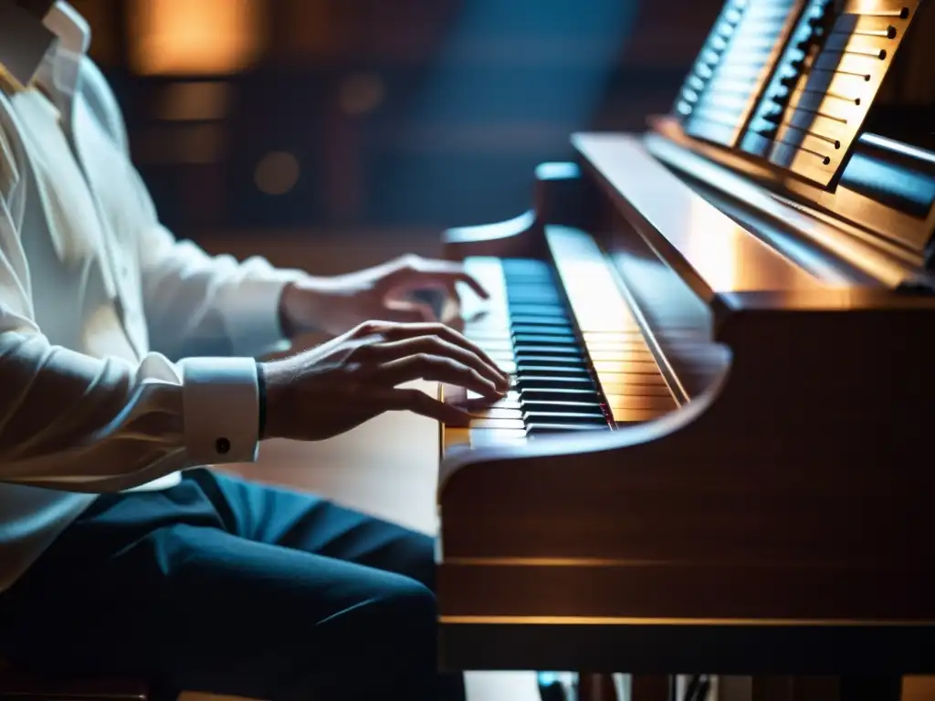 Un músico toca con destreza un clavecín electrónico en un elegante y atmosférico concierto