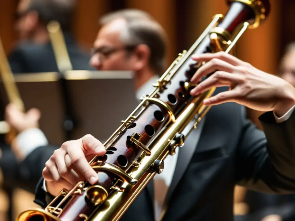 Un músico toca con destreza el contrabajo de vientos en la orquesta, resaltando su rica sonoridad y textura en el contexto de una actuación dinámica