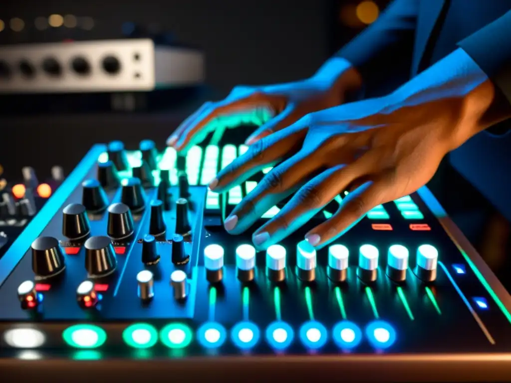 Un músico manipula con destreza los controles de un teclado MIDI de alta gama, rodeado de luces LED, en un estudio de música