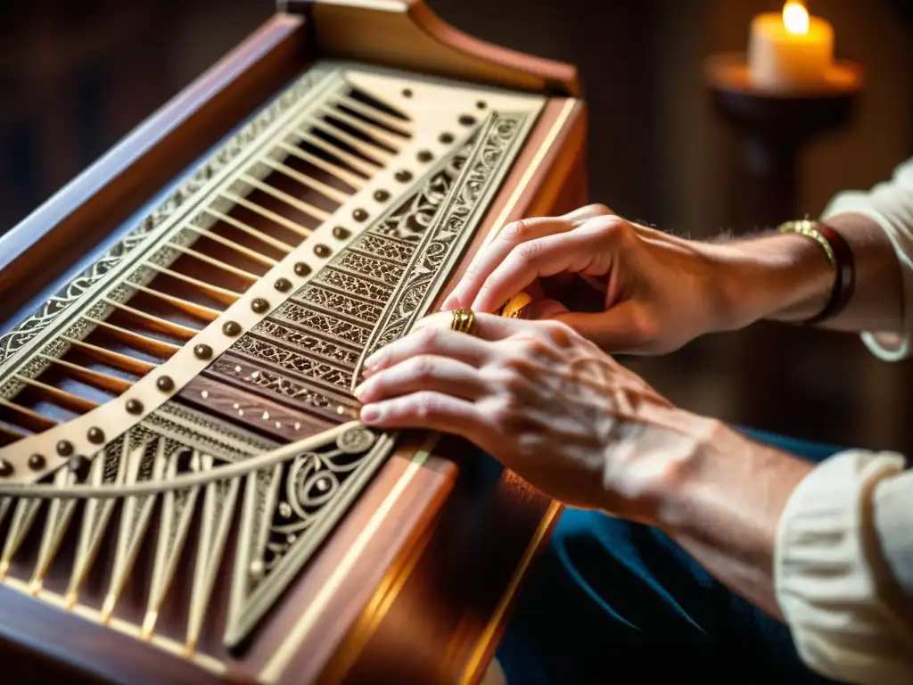 Un músico hábil toca con destreza las cuerdas del psalterio, destacando su belleza histórica y cultural