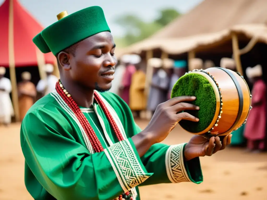 Un músico hausa toca el Algaita con destreza en un entorno cultural, mostrando la historia y sonido del Algaita