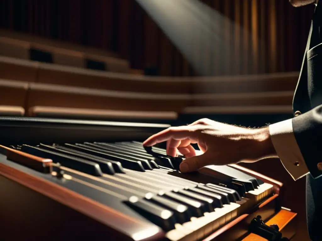 Un músico toca con destreza el heckelphone en un escenario iluminado