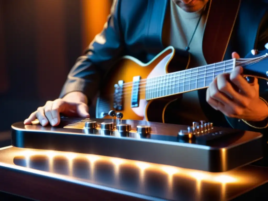 Un músico toca con destreza la lap steel guitar en un escenario tenue, capturando la intensidad del sonido deslizante de la lap steel guitar