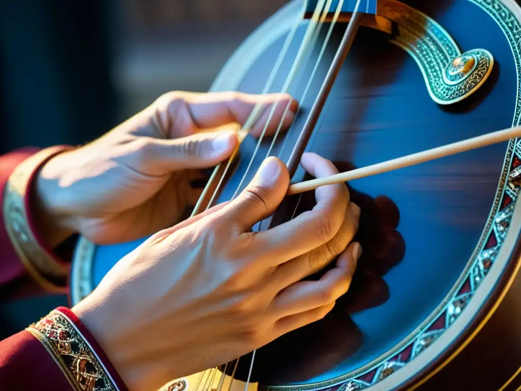 Un músico toca el kamancheh persa con destreza, mostrando la historia del instrumento