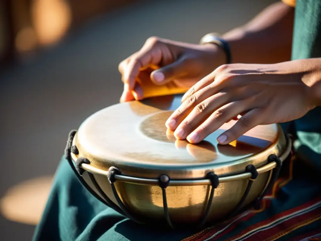 Un músico toca con destreza un hang drum, mostrando la historia y relevancia cultural del instrumento en un entorno sereno y acogedor