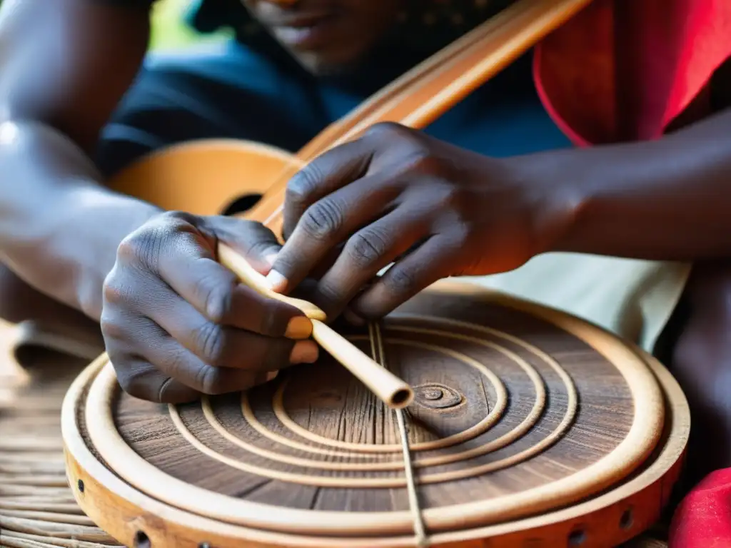 Un músico keniano toca con destreza el Nyatiti, un instrumento musical tradicional de Kenia, en medio de una aldea, con expresión concentrada