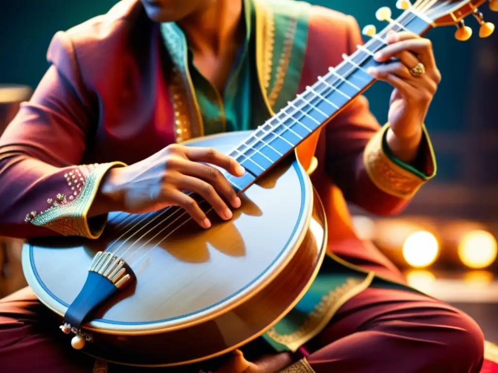 Un músico toca el sitar con destreza, entre instrumentos de música india y occidental