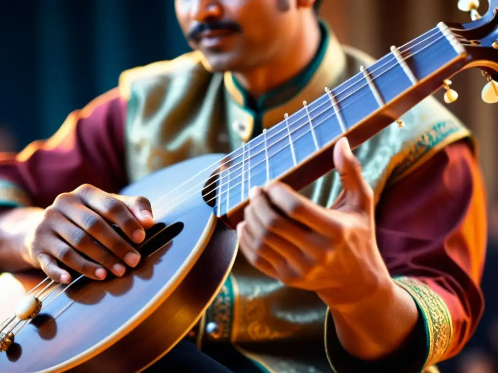 Un músico toca el sitar con destreza, mostrando la integración de instrumentos musicales globales en una actuación emocional