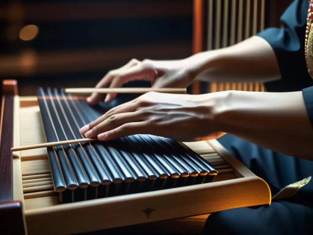 Un músico toca con destreza un koto japonés en una atmósfera íntima