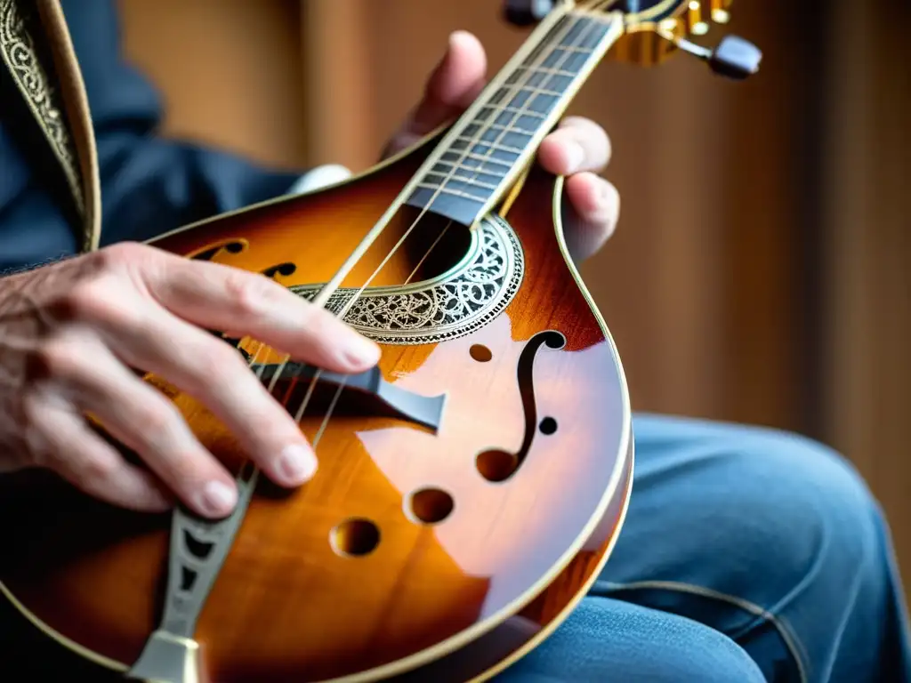 Un músico de bluegrass despliega su destreza, pluckeando la mandolina con maestría