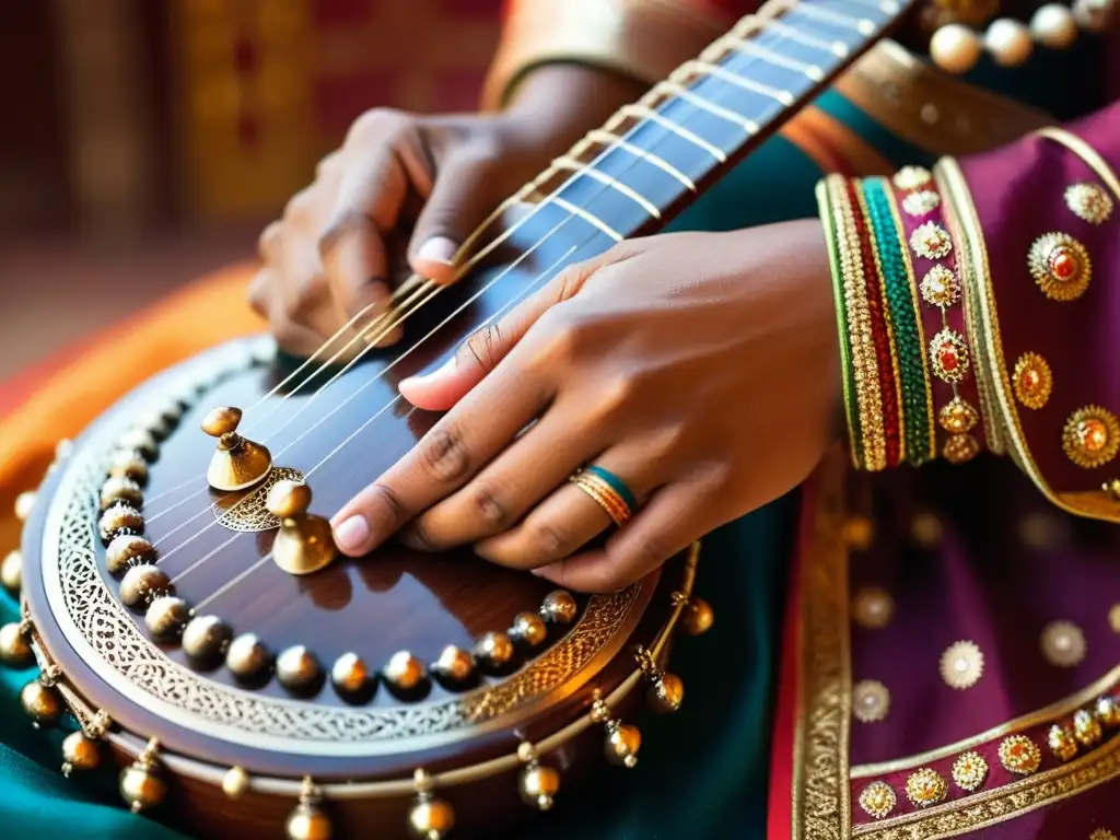 Un músico toca el sitar con destreza, sus manos adornadas con joyería tradicional