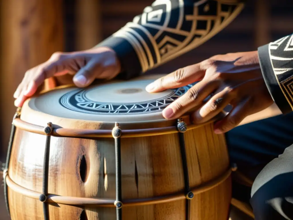 Un músico toca con destreza un log drum, mostrando sus manos en acción y resaltando la riqueza cultural del instrumento de percusión