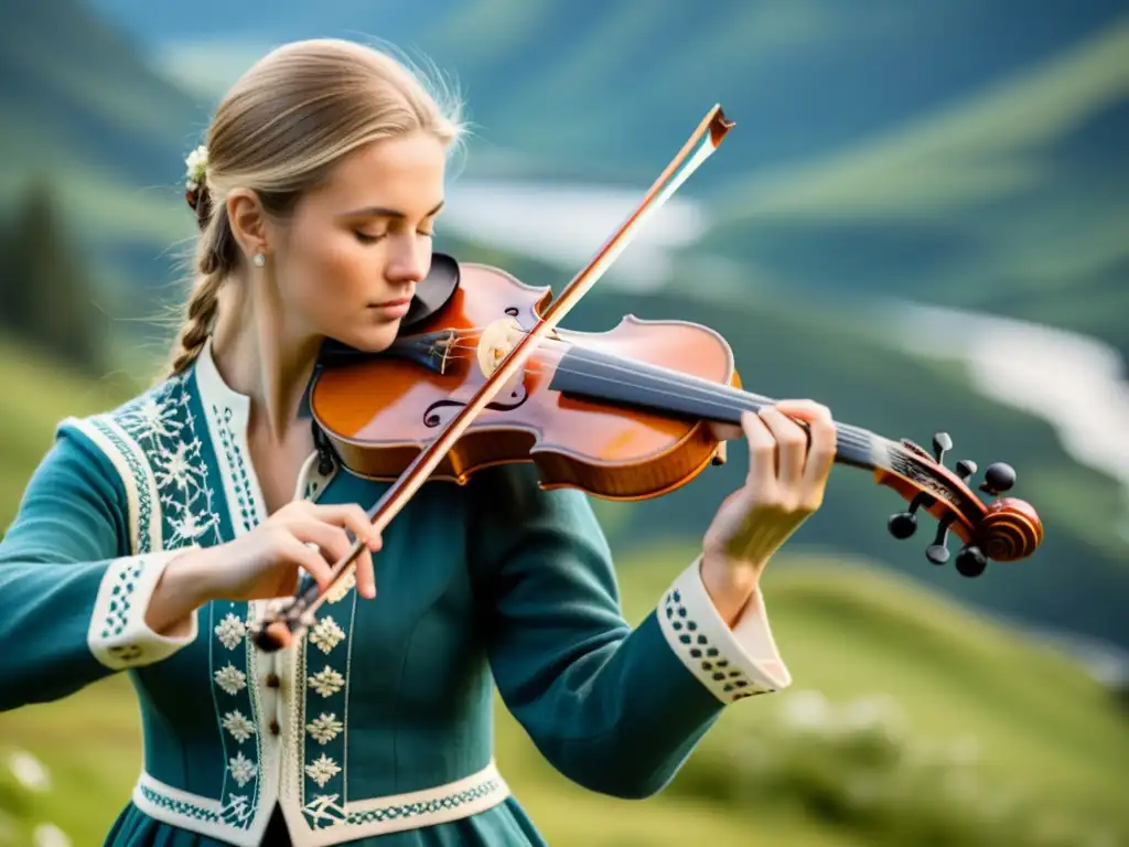 Un músico toca con destreza el Hardanger Fiddle Noruego, mostrando sus intrincados detalles en una escena campestre