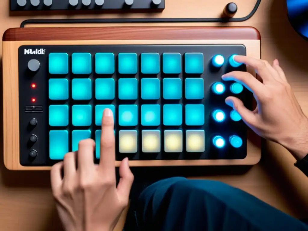 Un músico toca con destreza un pad de percusión MIDI, fusionando técnica tradicional con tecnología moderna