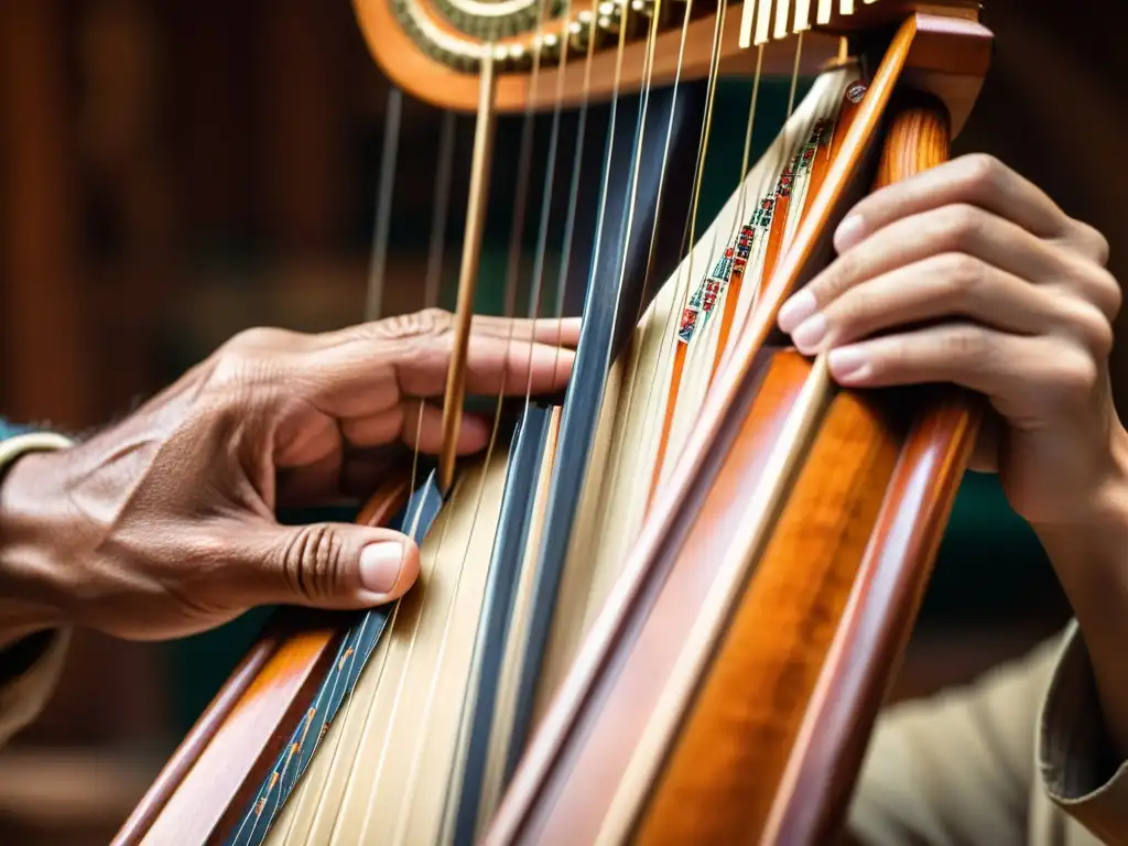 Un músico hábil toca con destreza el arpa paraguaya en el pop, destacando la belleza de su instrumento y la fusión de tradición y modernidad