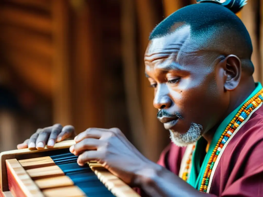 Un músico Lobi maestro toca el Gyil con destreza y concentración, rodeado de oyentes conectados espiritualmente