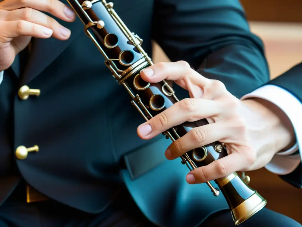 Un músico de clarinete ejecuta con destreza las teclas, demostrando la importancia del fraseo legato