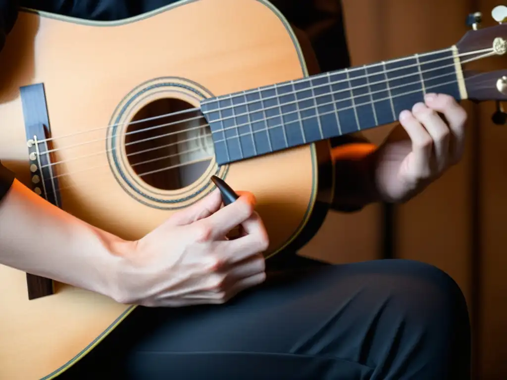 Un músico ejecuta con destreza la técnica flageolet en una guitarra clásica, transmitiendo pasión y maestría en sus composiciones clásicas