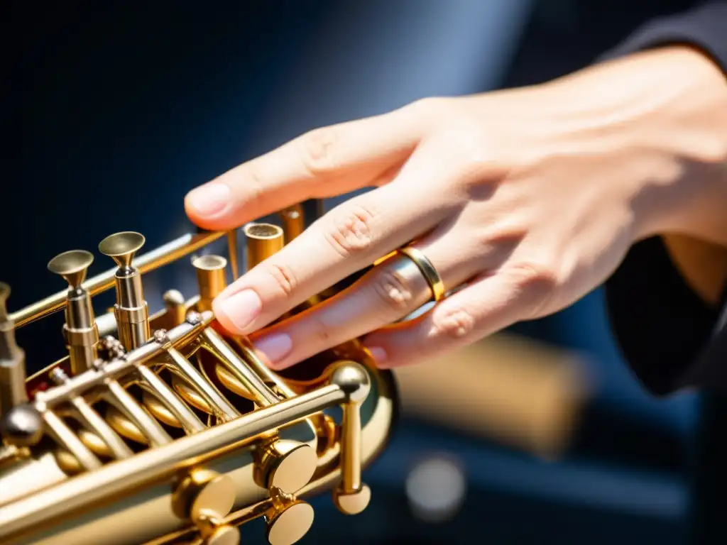 Un músico muestra con destreza las técnicas de vibrato en un instrumento de viento, resaltando la habilidad y expresión musical