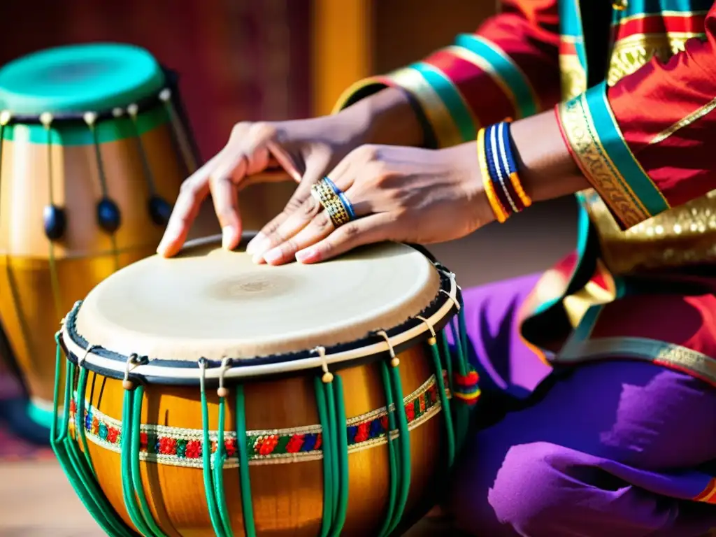 Un músico toca con destreza un vibrante y decorado tambor tradicional indio, rodeado de instrumentos y textiles coloridos