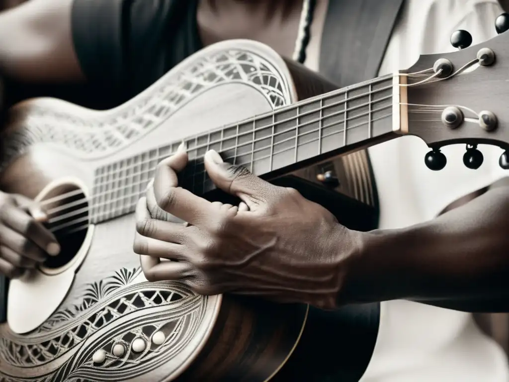 Un músico toca con destreza un xalam tradicional, capturando la esencia del origen y evolución del Xalam en la música africana