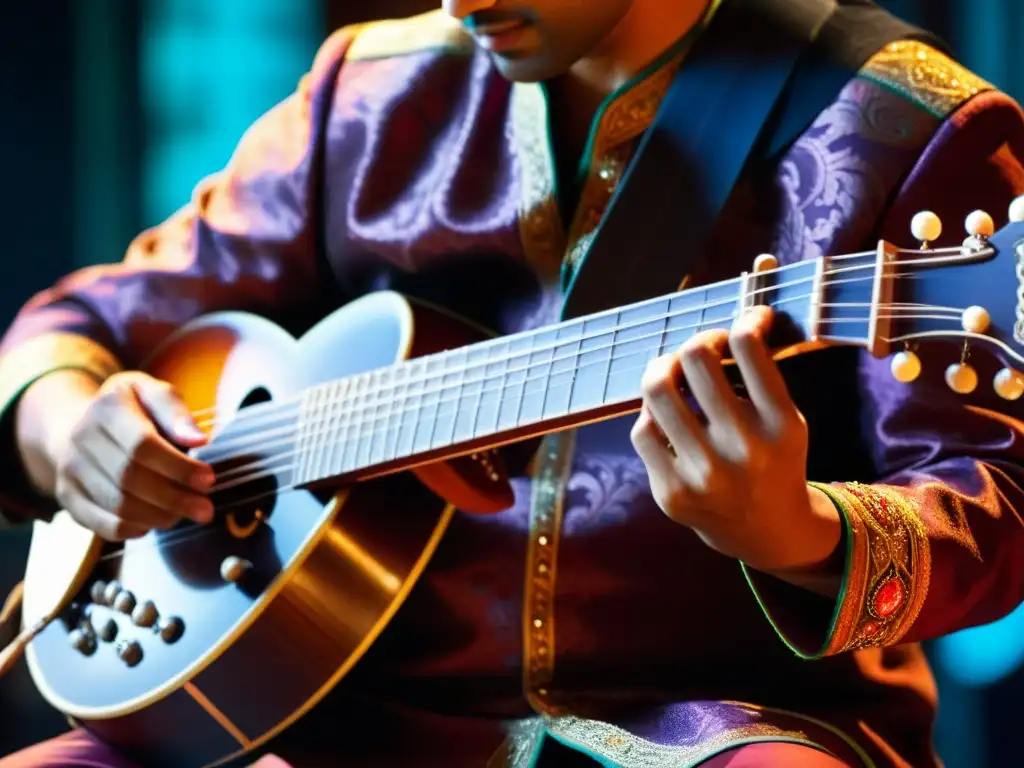 Un músico toca un sitar, con detalles intrincados y colores vibrantes que resaltan sobre un fondo oscuro