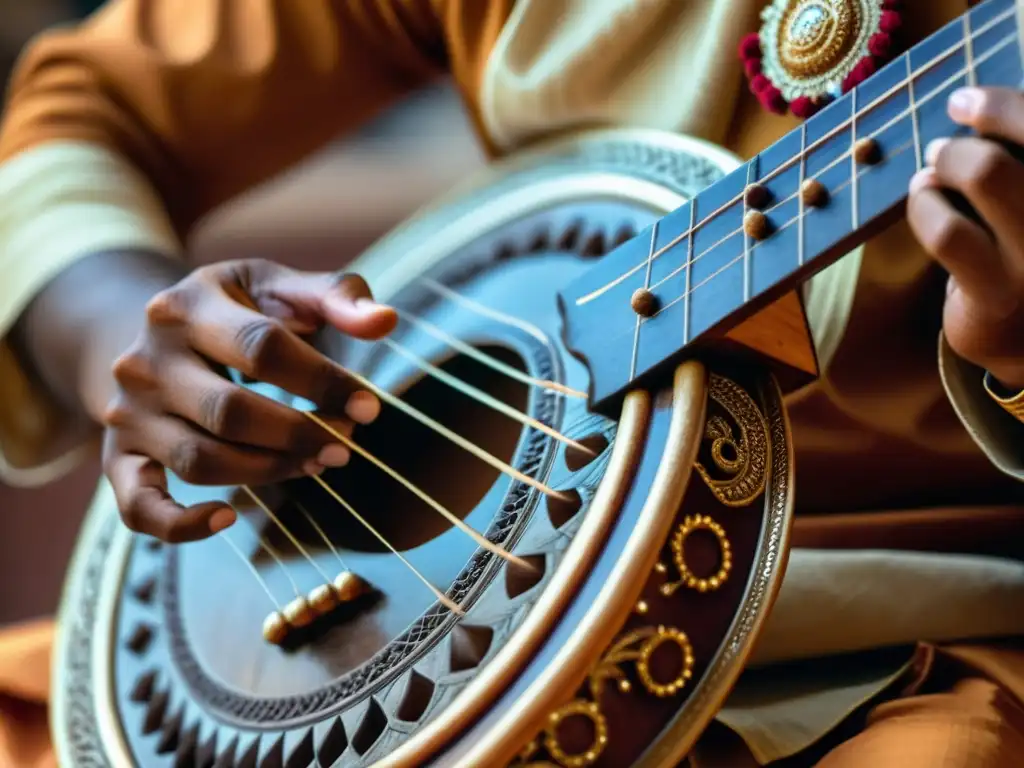 Un músico toca con devoción un sarod durante una ceremonia religiosa hindú, mostrando la importancia del instrumento en la música religiosa hindú