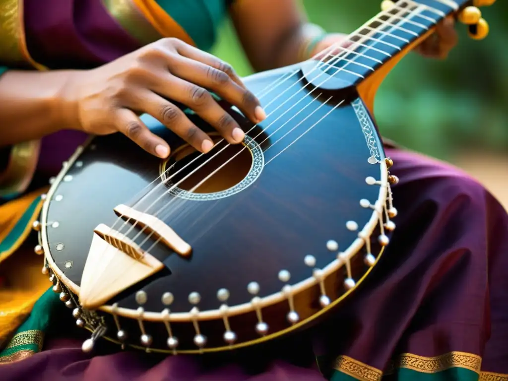 Un músico hábil toca con devoción un Veena Indio, mostrando su rica artesanía y herencia cultural, en un ambiente de reverencia y tradición musical