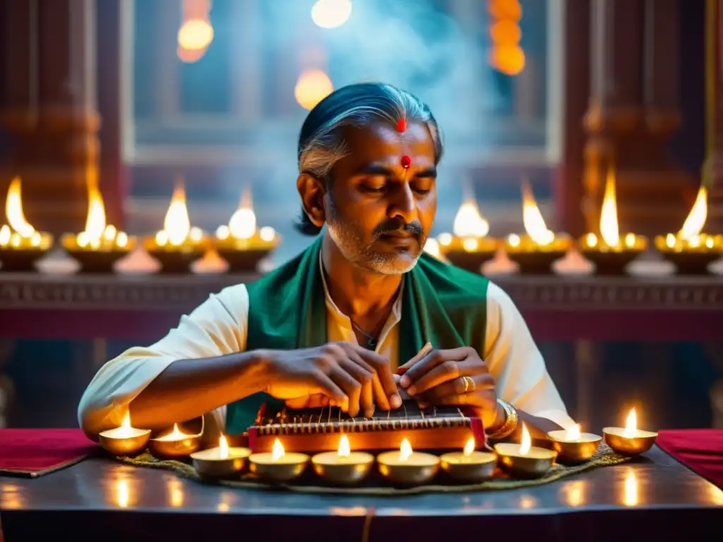 Un músico de sarod interpreta una devota raga en un templo hindú, rodeado de lámparas de aceite y fieles