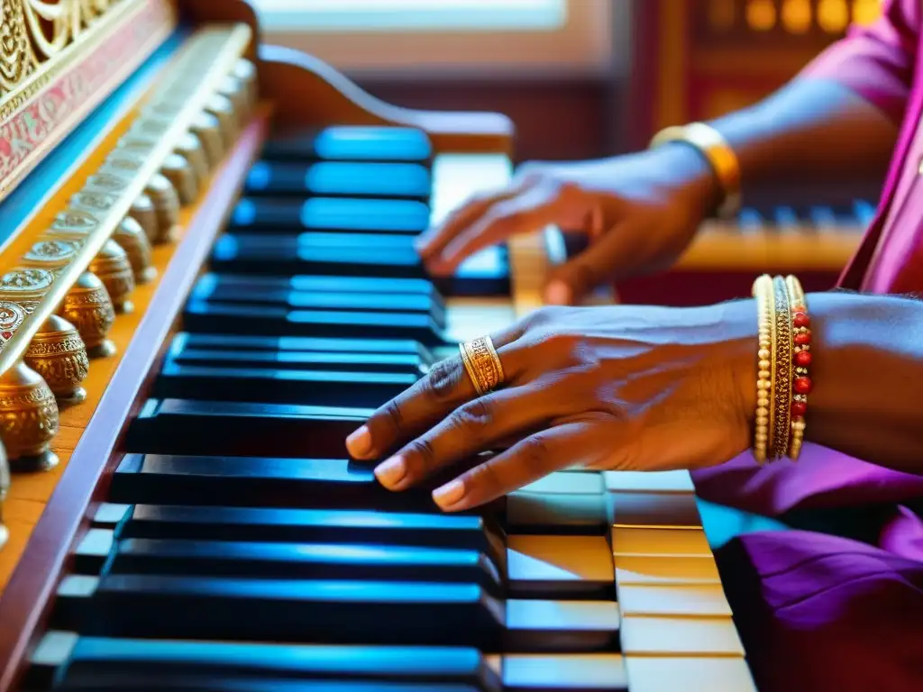 Un músico hábil toca el harmonium con concentración, mientras los devotos cantan